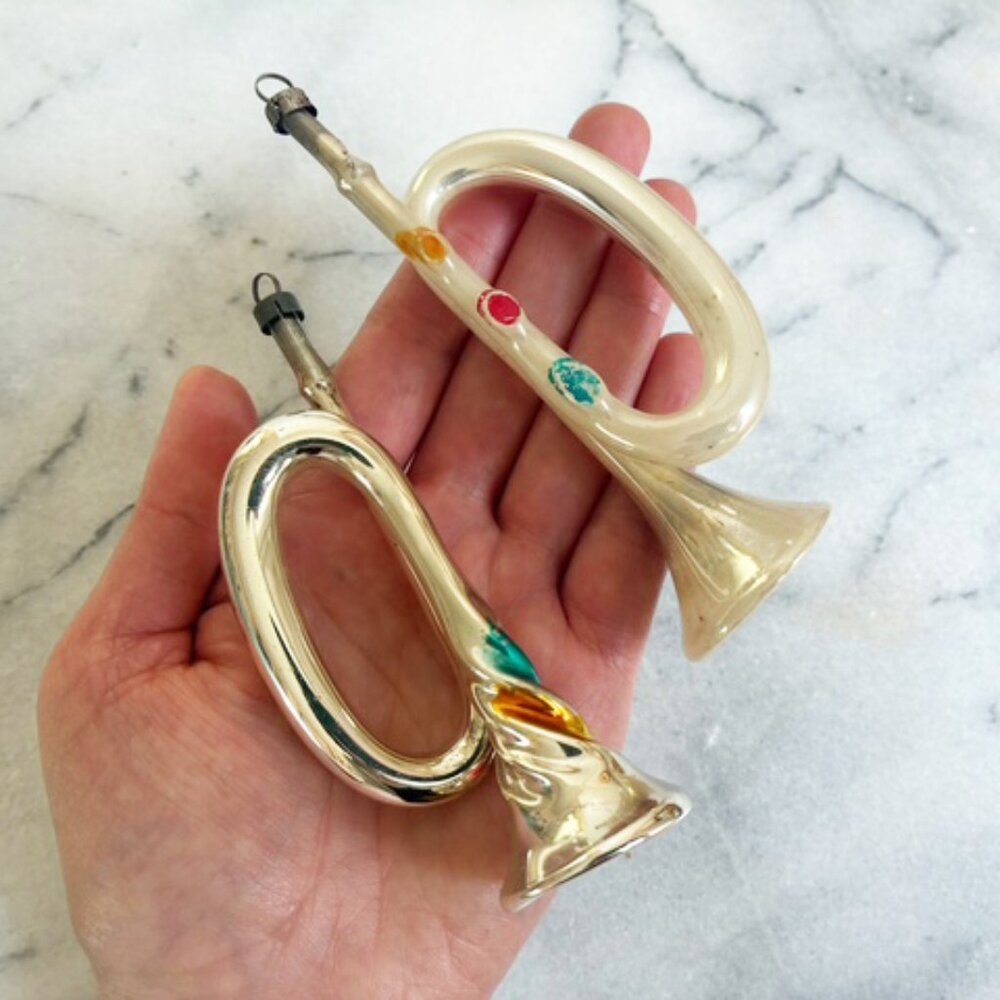 Vintage Glass Horn Christmas Ornaments S / 2 Pair Musical Instruments